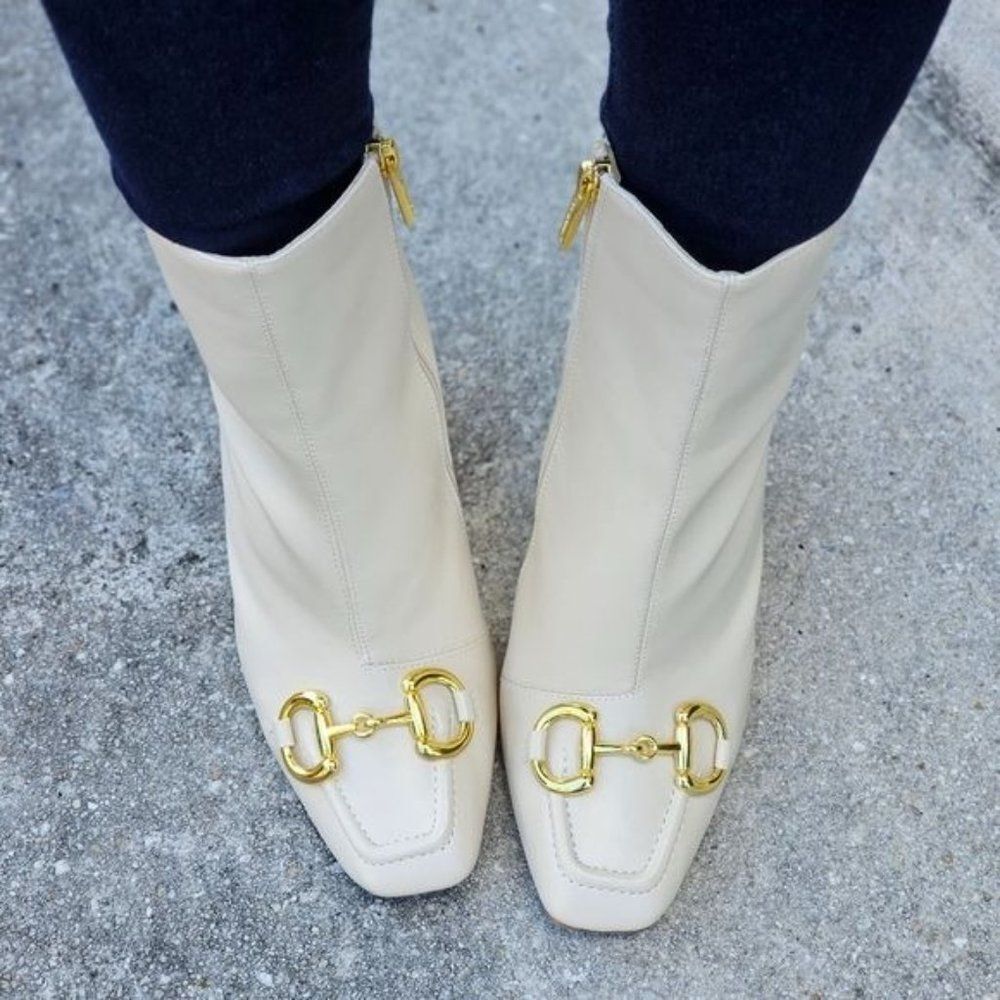 Women's Cape Robbin Sicily White Square Toe Chain Bit Buckle Block Heel Bootie - Picture 5 of 7